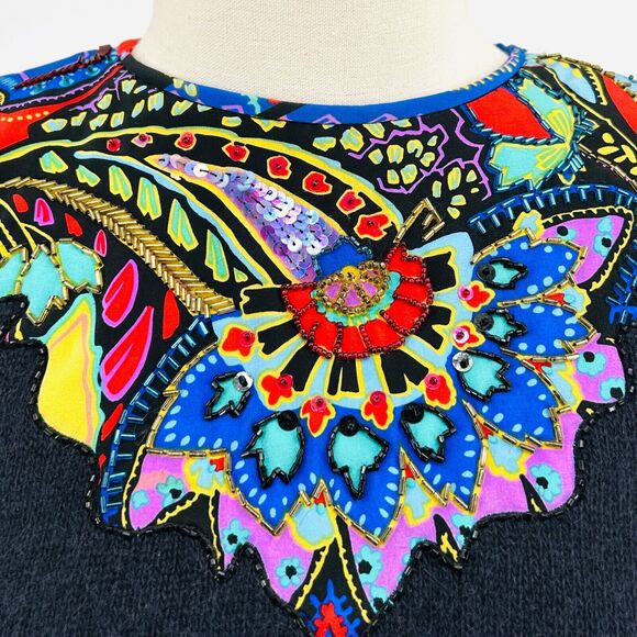 RARE 80s Marisa Christina Black Wool + Colored Silk Puff Sleeve Beaded Blouse - Picture 2 of 8